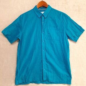 Stone + Stone Mens Short Sleeve Button Shirt Sz.M/Blue/Linen-Cotton